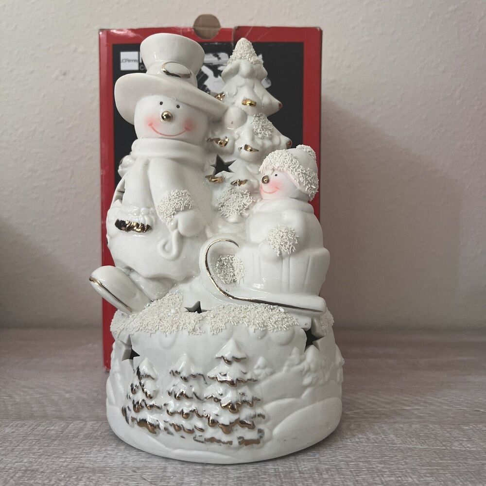 JCPenney‎ Home Collection Snowman Ivory Bisque Accent Light Lamp Gold Porcelain